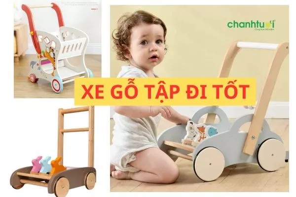 Bé tập đi với xe gỗ