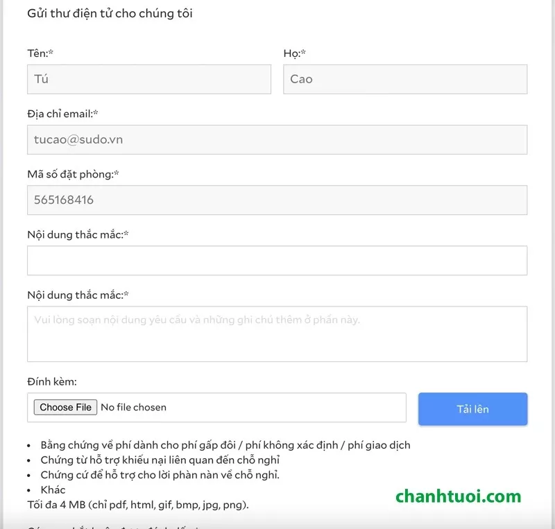 Biểu mẫu gửi email cho Agoda