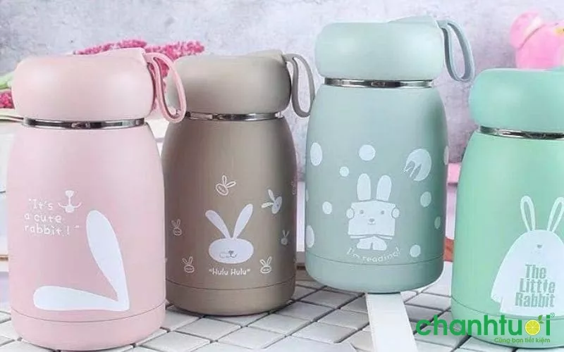 Bình giữ nhiệt Mini 320ML, ruột thép không gỉ S304, hoa văn gấu hồng xinh cute