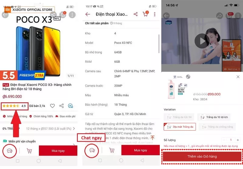 Các nút click lựa chọn trong quá trình mua hàng Shopee