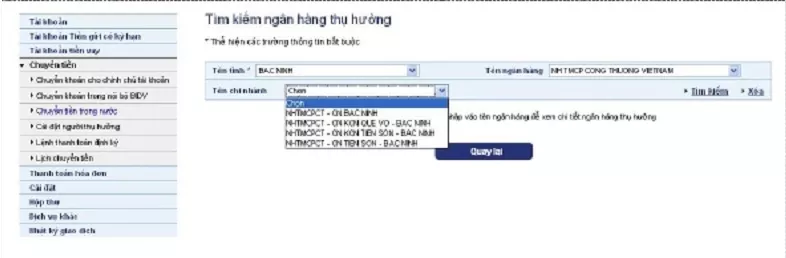 Chọn chi nhánh ngân hàng