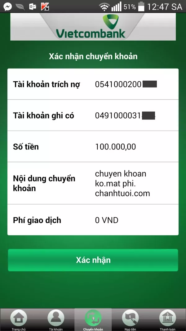 Chuyển tiền nội mạng VietCombank miễn phí qua Mobile Banking