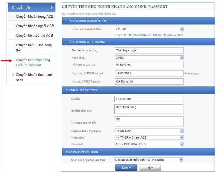 Chuyển tiền theo CMND