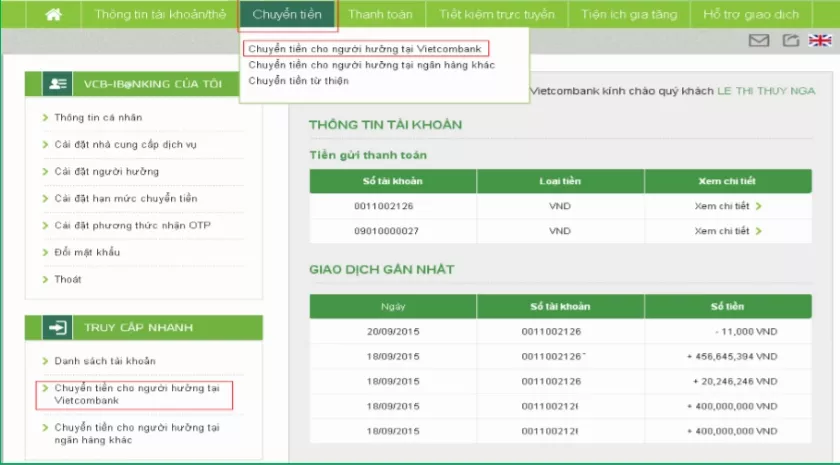 Chuyển tiền Vietcombank iBanking