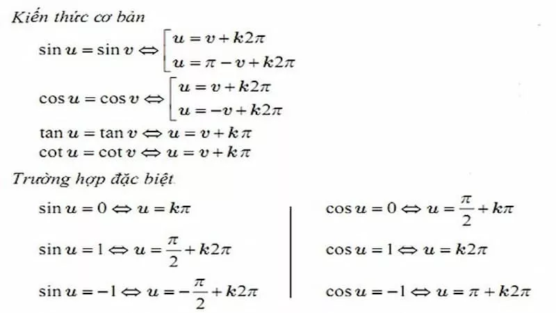 Công thức nghiệm của phương trình lượng giác cơ bản 