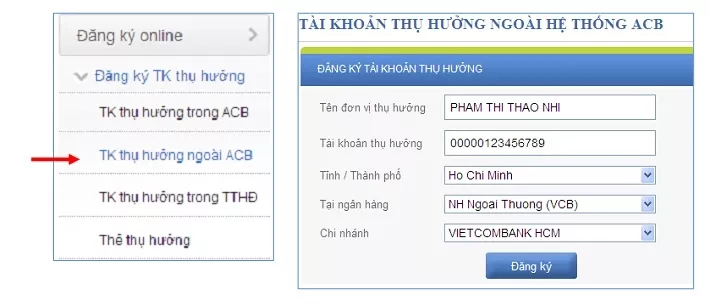 Đăng ký tài khoản thụ hưởng ngoài ACB