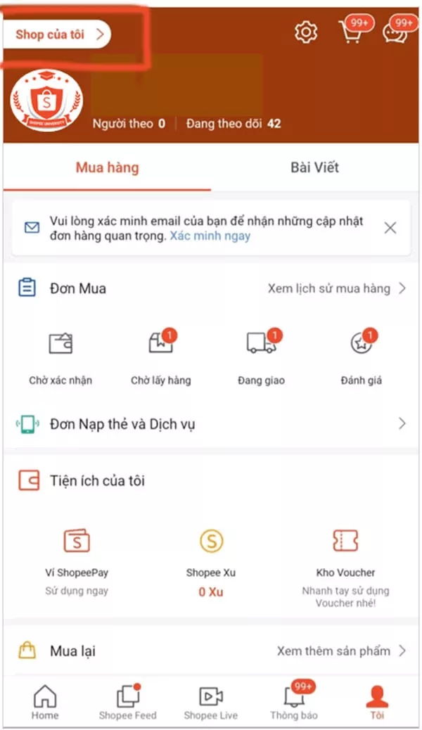 Đăng nhập Shopee, chọn Shop của tôi