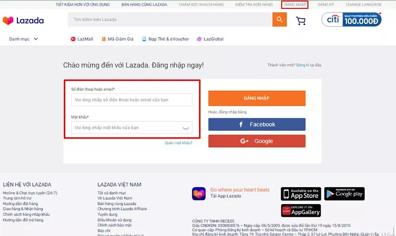 Đăng nhập vào tài khoản Lazada của bạn