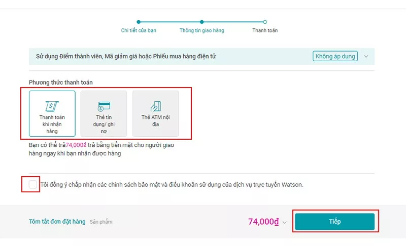 đặt hàng trên watsons thanh toán
