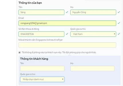 Điền thông tin đặt phòng và thông tin khách hàng