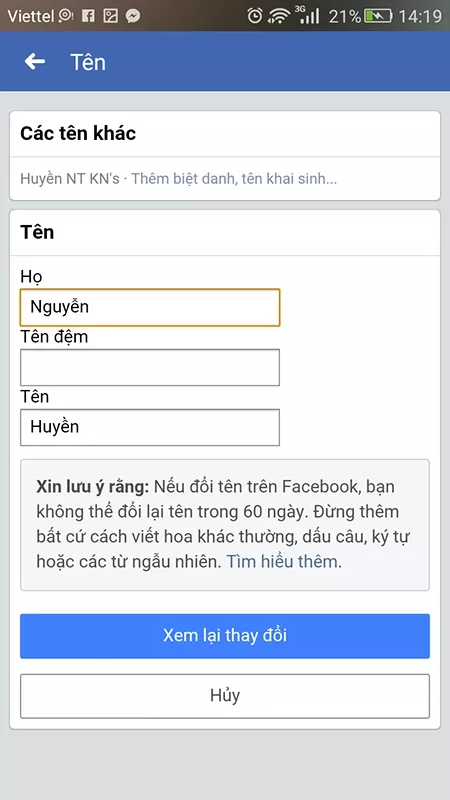 Đổi tên Facebook trên điện thoại