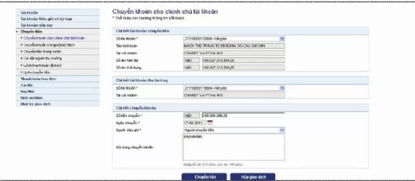 Giao diện chuyển tiền cho chính chủ tài khoản BIDV