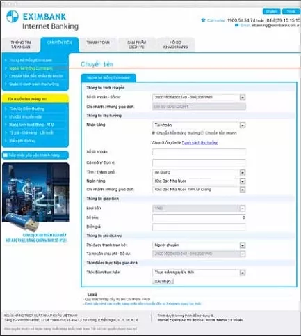 Giao diện chuyển tiền liên ngân hàng