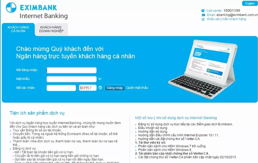 Giao diện đăng nhập Internet Banking Eximbank