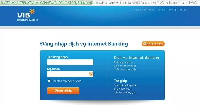 Giao diện đăng nhập VIB Internet Banking