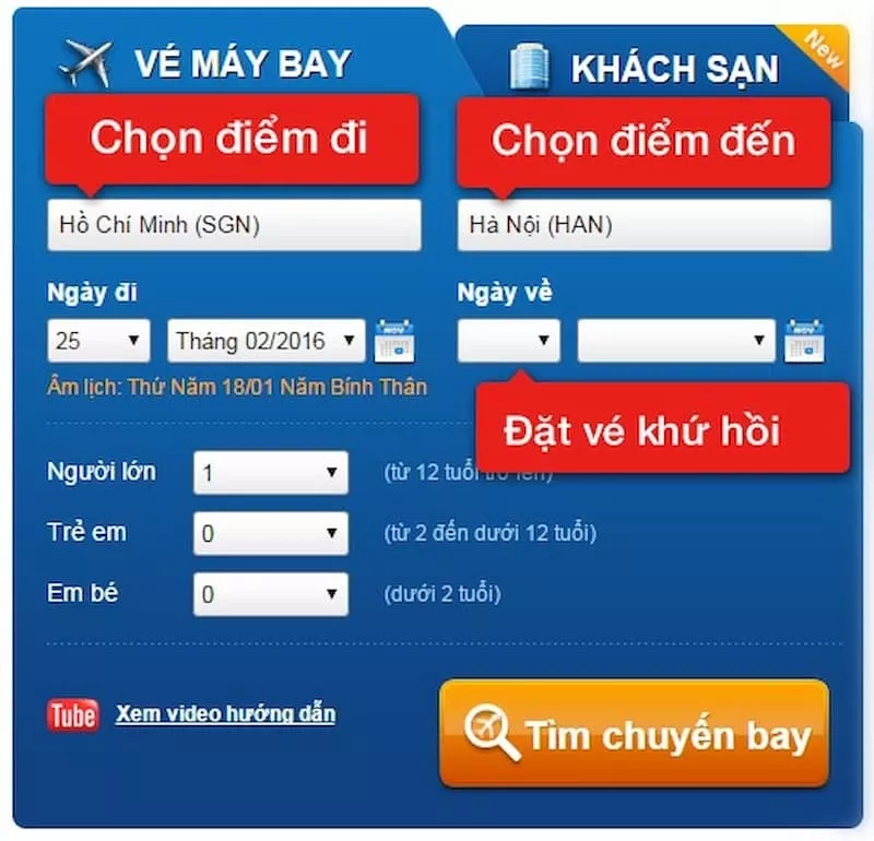 Giao diện tìm kiếm chuyến bay