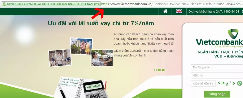 Giao diện trang chủ ngân hàng Vietcombank với https