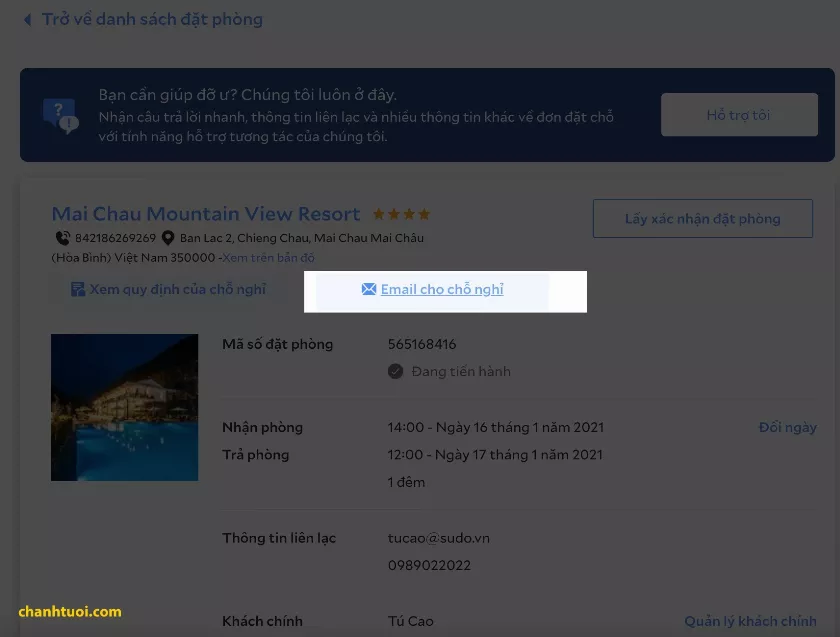 Gửi email liên hệ cho khách sạn