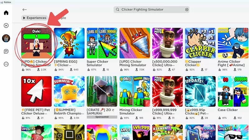 Hình ảnh hướng dẫn tìm kiếm game Clicker Fighting Simulator trên Roblox