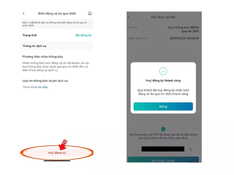 Hình ảnh minh họa giao diện ứng dụng BIDV và thao tác hủy dịch vụ SMS Banking