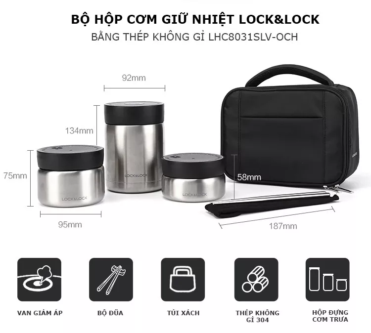 Hộp cơm giữ nhiệt Lock&Lock LHC8031SLV với chất liệu thép không gỉ