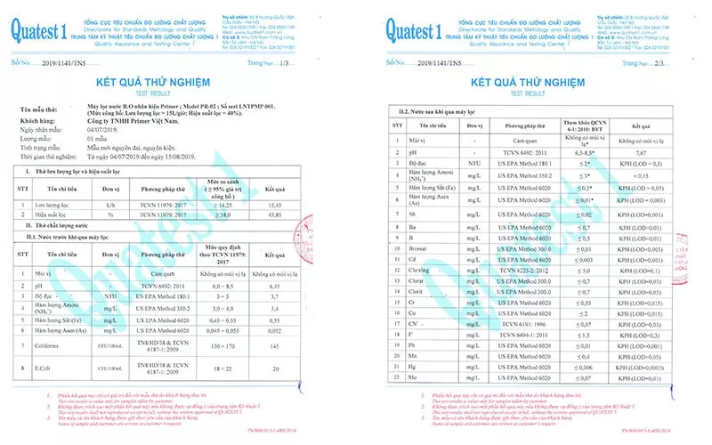 Kết quả thử nghiệm kiểm định nước