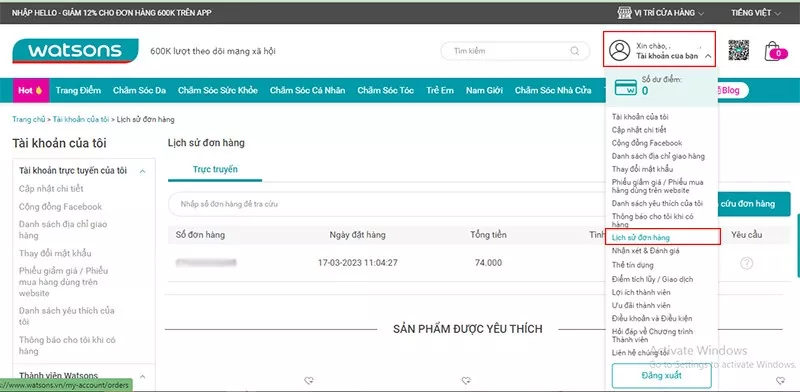 lịch sử đặt hàng trên watsons