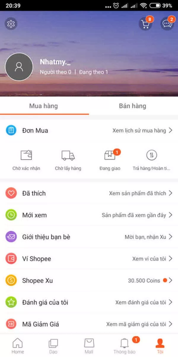 Lịch sử mua hàng Shopee