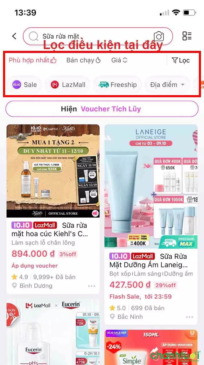 Lọc sản phẩm trên app Lazada