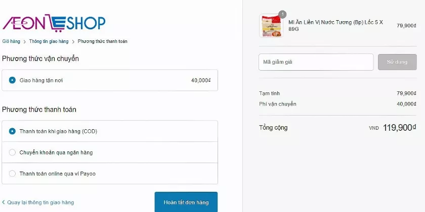 Lựa chọn phương thức thanh toán trên AeonEshop