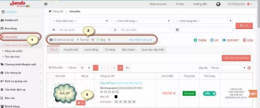 Lượt up sản phẩm trên Sendo