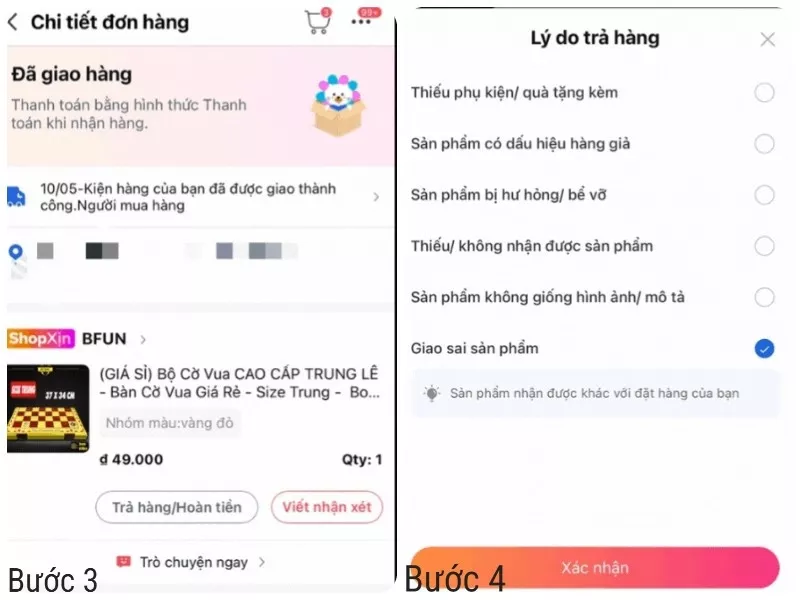 Minh họa các bước tiếp theo trong quy trình đổi trả hàng