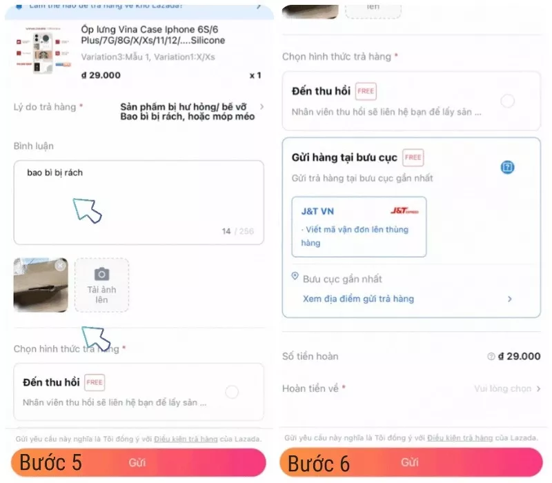 Minh họa lựa chọn hình thức trả hàng và hoàn tiền trên Lazada