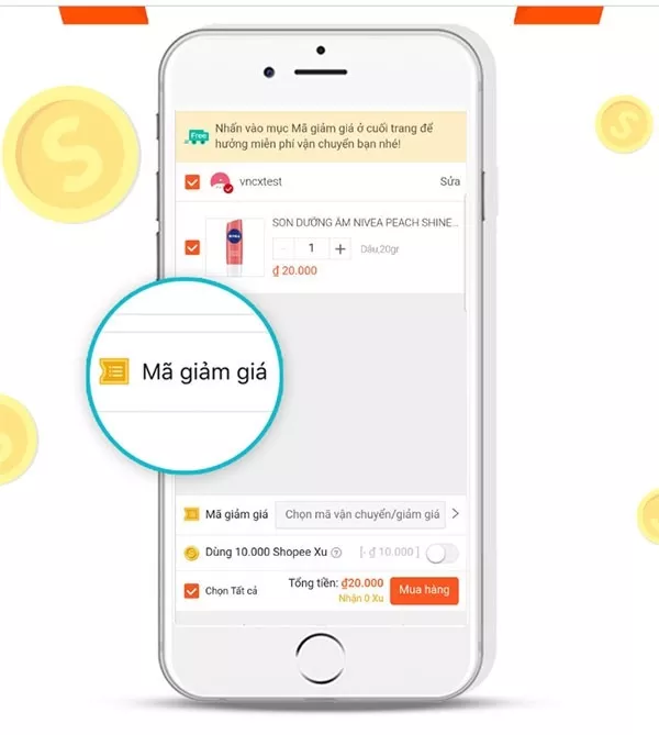 Mô tả ảnh: Áp dụng mã hoàn xu Shopee trên trang thanh toán