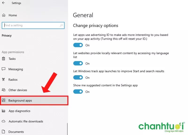 Mô tả ảnh: Chọn Background apps trong Privacy