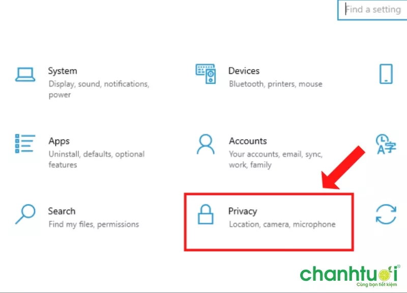 Mô tả ảnh: Chọn Privacy trong Settings