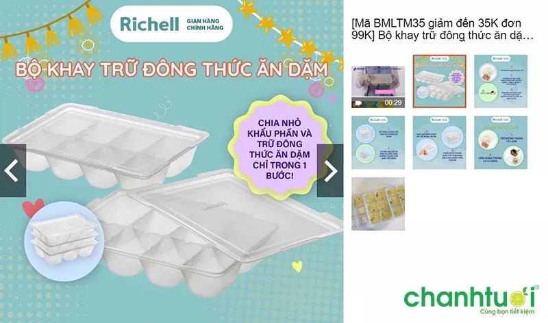 Mô tả hình ảnh: Khay trữ đông thức ăn dặm Richell với nhiều ngăn nhỏ, có nắp đậy kín.