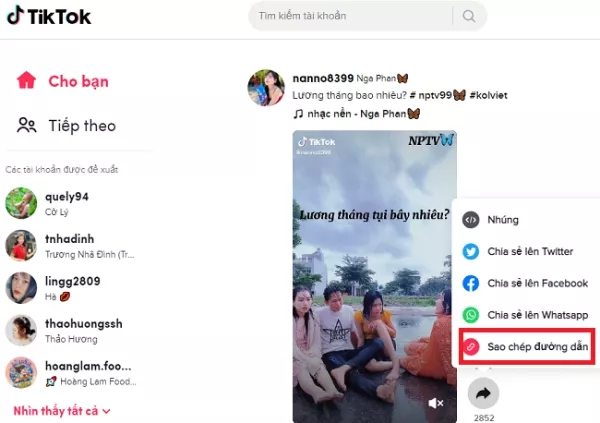 Sao chép link video TikTok