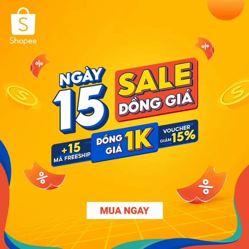 Shopee 15.8: Ưu đãi đồng giá 1K, săn Voucher 15% kèm 15 mã FreeShip