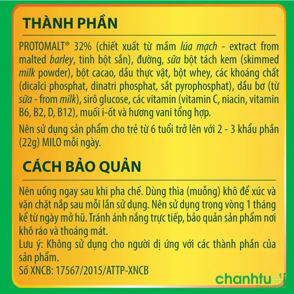 Thành phần dinh dưỡng của sữa Milo