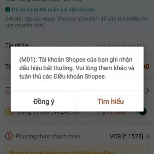 Thông báo lỗi M01 trên Shopee