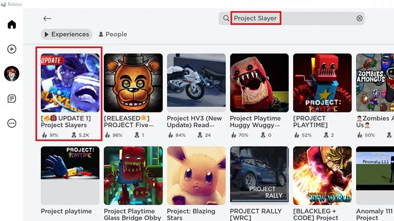 Trong Roblox, tìm kiếm và mở trò chơi "Project Slayer"