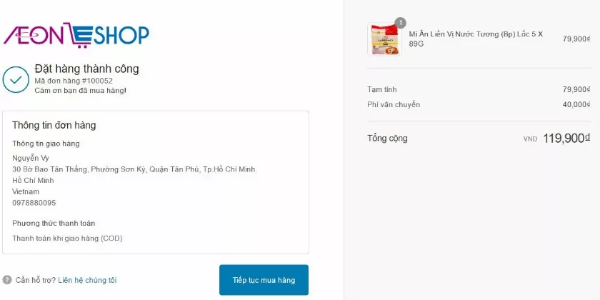 Xác nhận đơn hàng thành công trên AeonEshop