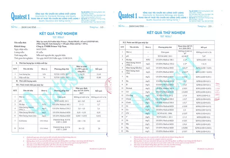 Kết quả kiểm định chất lượng nước