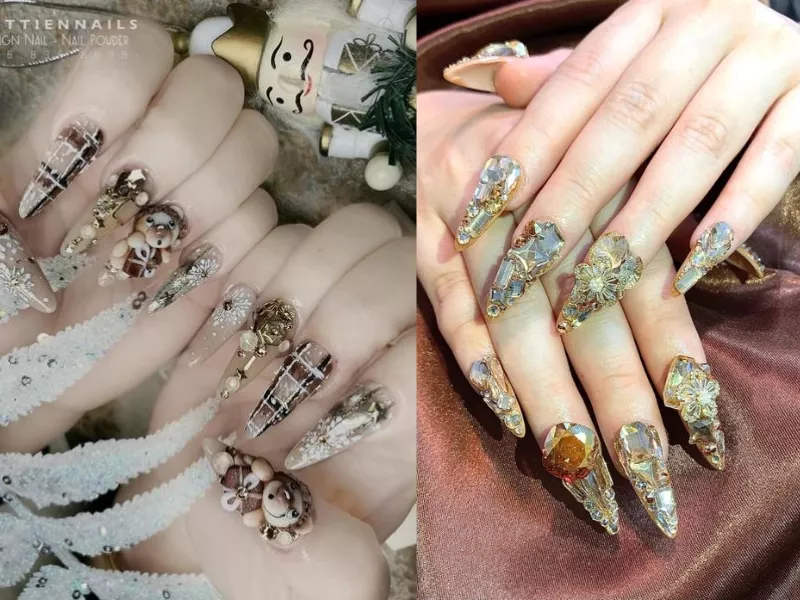 Mẫu nail nhọn đẹp vẽ hoa nổi